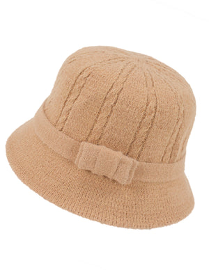 Wool Blend Winter Hat - Cable Bow Cloche Bucket Hat