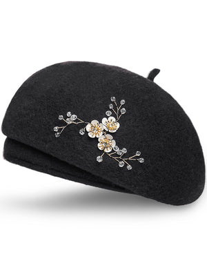 Women's Winter Hat - Wool Blend, Hand Beaded, Elegant Beret
