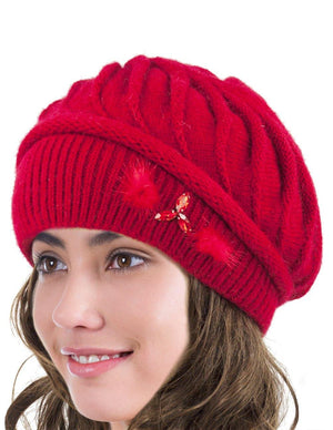 Angora Blend Beanie Hat - Spiral Twist Pattern - Dual Layer - Dahlia