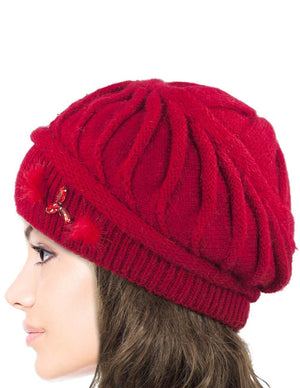 Angora Blend Beanie Hat - Spiral Twist Pattern - Dual Layer - Dahlia