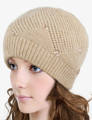 Angora Blend Beaded Slouch Beanie Winter Hat Dual Layer - Dahlia