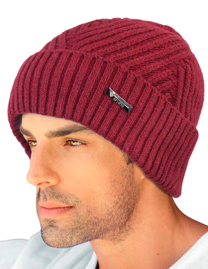 Men's Wool Blend Knit Beanie Hat Velour Fleece Lined, Twill Weave
