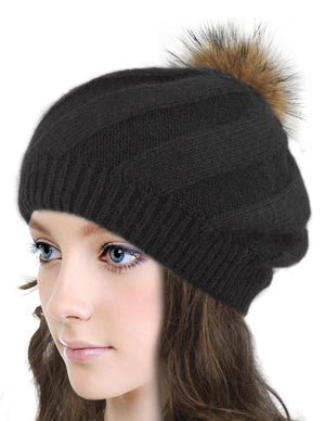 Angora Blend Slouch Beanie Winter Hat Dual Layer Fur Pom - Dahlia