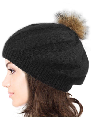 Angora Blend Slouch Beanie Winter Hat Dual Layer Fur Pom - Dahlia