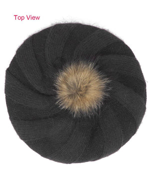 Angora Blend Slouch Beanie Winter Hat Dual Layer Fur Pom - Dahlia