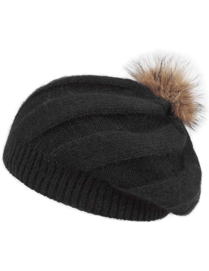 Angora Blend Slouch Beanie Winter Hat Dual Layer Fur Pom