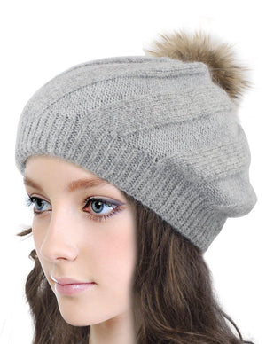 Angora Blend Slouch Beanie Winter Hat Dual Layer Fur Pom - Dahlia