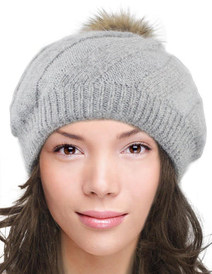 Angora Blend Slouch Beanie Winter Hat Dual Layer Fur Pom - Dahlia