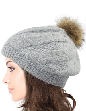 Angora Blend Slouch Beanie Winter Hat Dual Layer Fur Pom - Dahlia