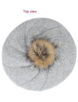 Angora Blend Slouch Beanie Winter Hat Dual Layer Fur Pom - Dahlia