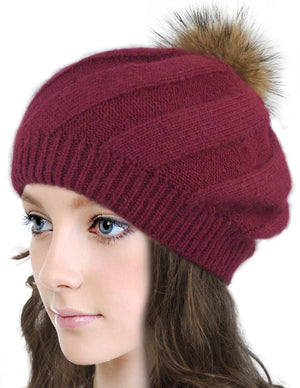 Angora Blend Slouch Beanie Winter Hat Dual Layer Fur Pom - Dahlia