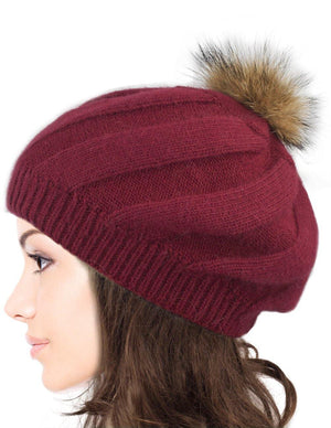 Angora Blend Slouch Beanie Winter Hat Dual Layer Fur Pom - Dahlia