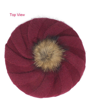 Angora Blend Slouch Beanie Winter Hat Dual Layer Fur Pom - Dahlia