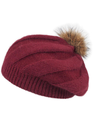 Angora Blend Slouch Beanie Winter Hat Dual Layer Fur Pom - Dahlia