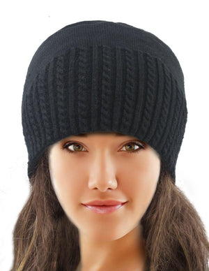 Angora Blend Winter Beanie Hat - Narrow Cable Knit - Black - Dahlia