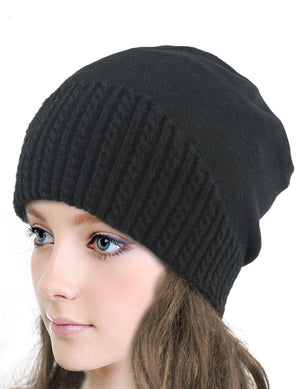 Angora Blend Winter Beanie Hat - Narrow Cable Knit - Black - Dahlia