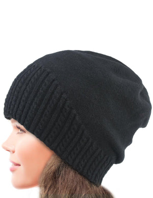 Angora Blend Winter Beanie Hat - Narrow Cable Knit - Black - Dahlia