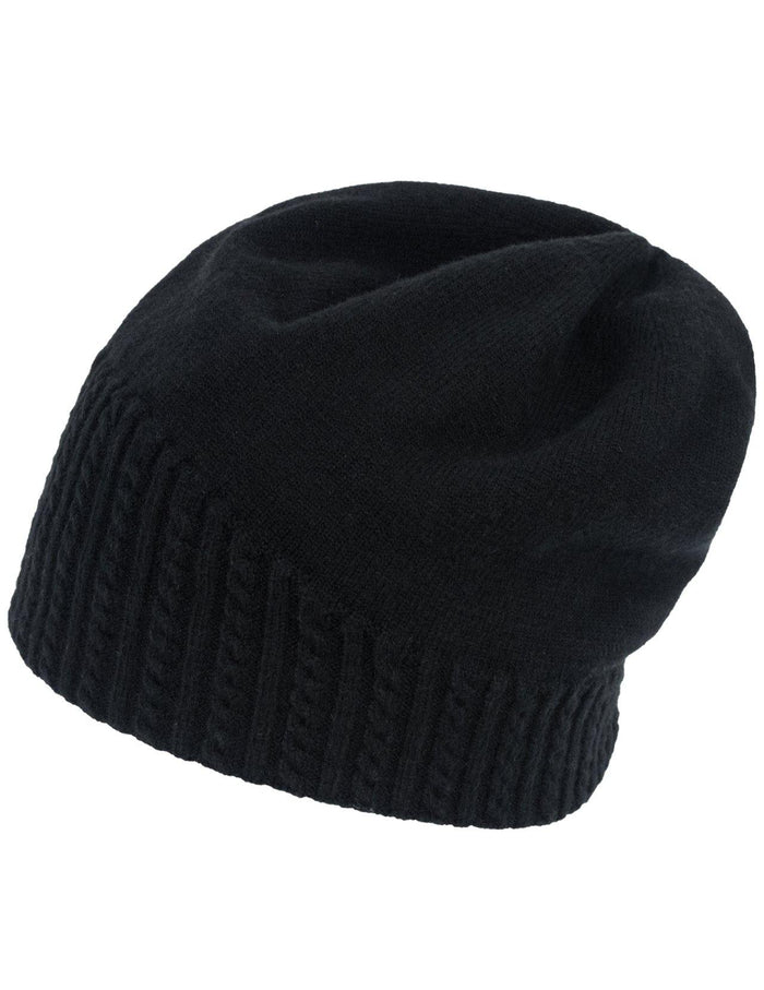 Angora Blend Winter Beanie Hat - Narrow Cable Knit - Black