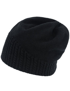 Angora Blend Winter Beanie Hat - Narrow Cable Knit - Black - Dahlia