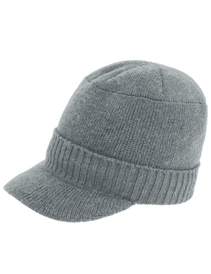 Men's Wool Blend Visor Beanie Cap, Velour Fleece Lined