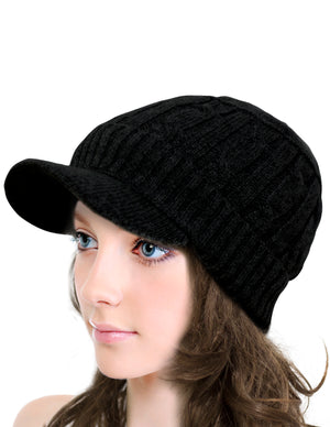 Soft & Warm Velour Lined Cable Knit Visor Cap Hat