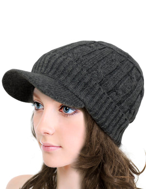 Soft & Warm Velour Lined Cable Knit Visor Cap Hat