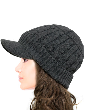 Soft & Warm Velour Lined Cable Knit Visor Cap Hat