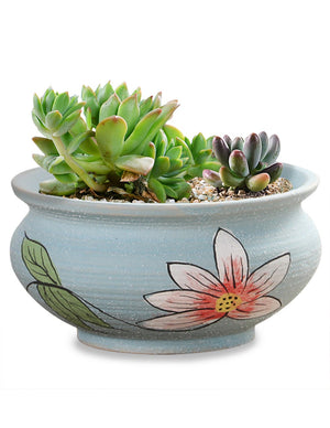 Lotus In Bloom Hand Painted Ceramic Succulent Planter | Plant Pot Saucer | Dahlia