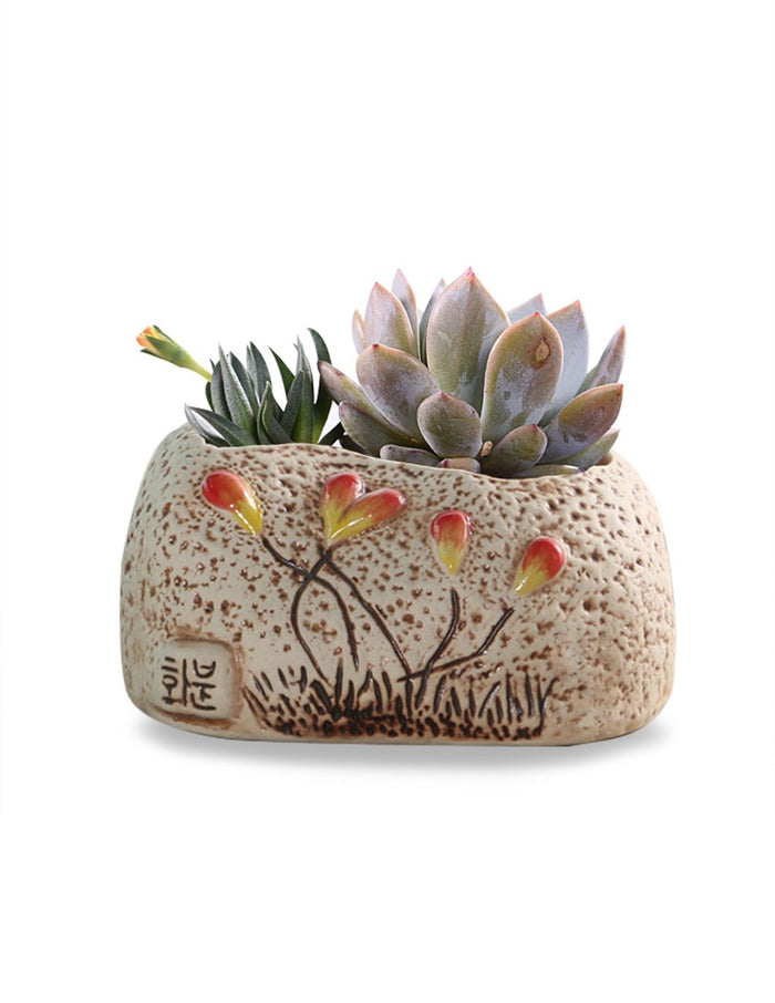 Rectangular Hand Carved Ceramic Succulent Planter  | Plant Pot | Dahlia