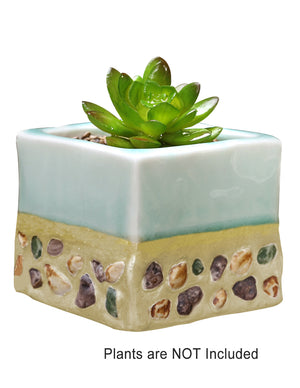  Paint Drip Glazed Ceramic Succulent Planter w Inlaid Stone | Plant Pot | Dahlia