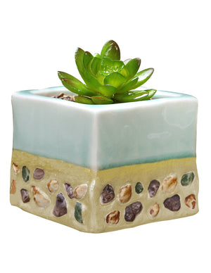  Paint Drip Glazed Ceramic Succulent Planter w Inlaid Stone | Plant Pot | Dahlia