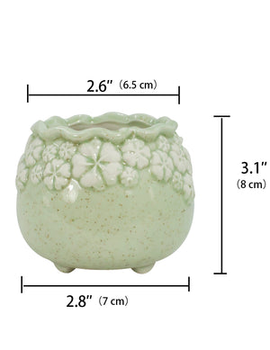  Embossed Floral Green Ceramic Succulent Planter | Plant Pot Bonsai | Dahlia