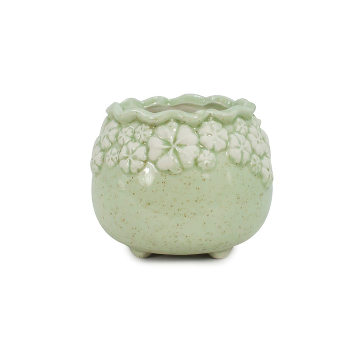 Embossed Floral Green Ceramic Succulent Planter | Plant Pot | Dahlia