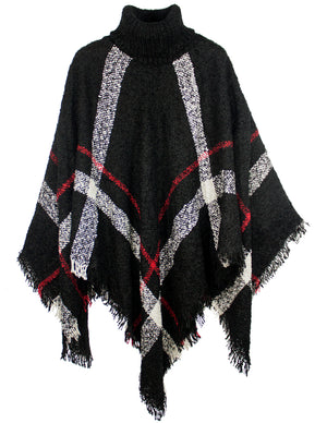 Knitted Poncho Coarse Plaid Turtleneck Cape