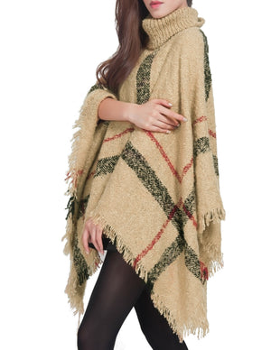 Knitted Poncho Coarse Plaid Turtleneck Cape
