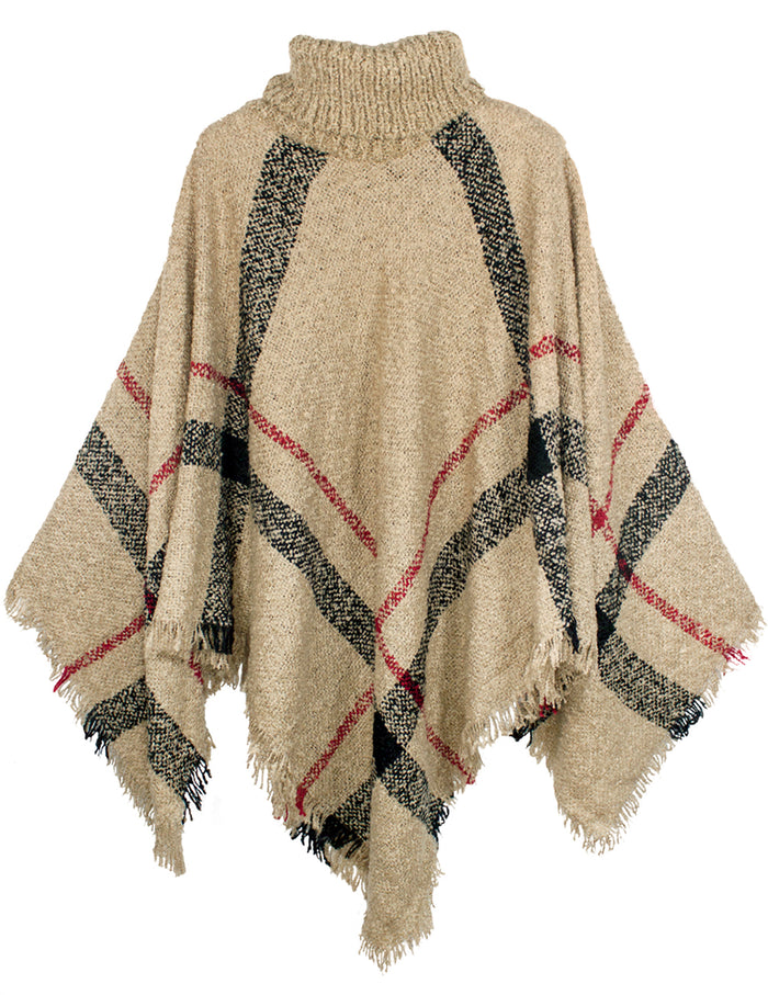Knitted Poncho Coarse Plaid Turtleneck Cape
