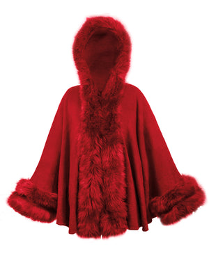 Faux Fur Poncho/Cape with Trimmed Collar Hood and Cuffs