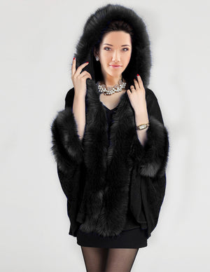 Faux Fur Poncho/Cape with Trimmed Collar Hood and Cuffs