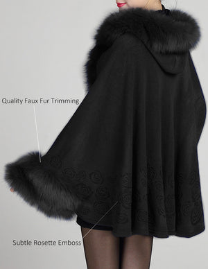 Faux Fur Poncho/Cape with Trimmed Collar Hood and Cuffs