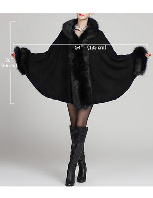 Faux Fur Poncho/Cape with Trimmed Collar Hood and Cuffs