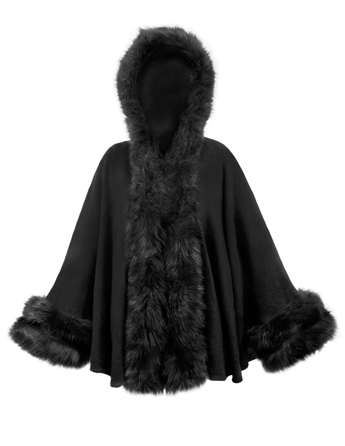 Faux Fur Poncho/Cape with Trimmed Collar Hood and Cuffs