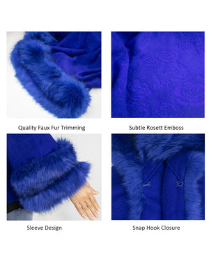 Faux Fur Poncho/Cape with Trimmed Collar Hood and Cuffs
