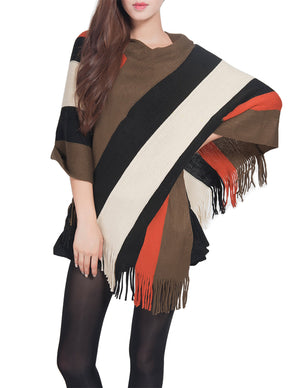 Knitted Poncho V Neck Multi-Stripe Tassel Cape