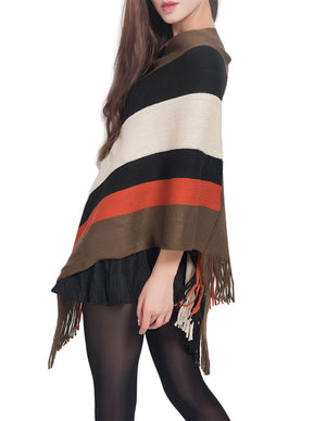 Knitted Poncho V Neck Multi-Stripe Tassel Cape