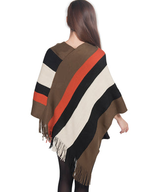 Knitted Poncho V Neck Multi-Stripe Tassel Cape