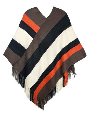 Knitted Poncho V Neck Multi-Stripe Tassel Cape