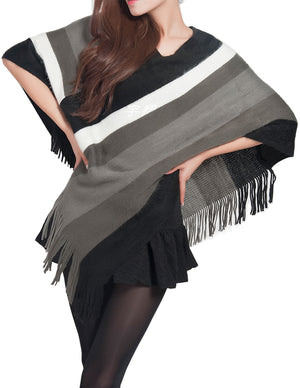 Knitted Poncho V Neck Multi-Stripe Tassel Cape