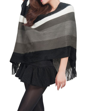 Knitted Poncho V Neck Multi-Stripe Tassel Cape