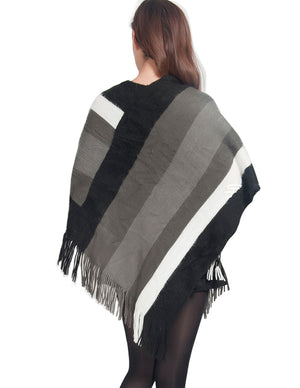 Knitted Poncho V Neck Multi-Stripe Tassel Cape