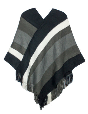 Knitted Poncho V Neck Multi-Stripe Tassel Cape